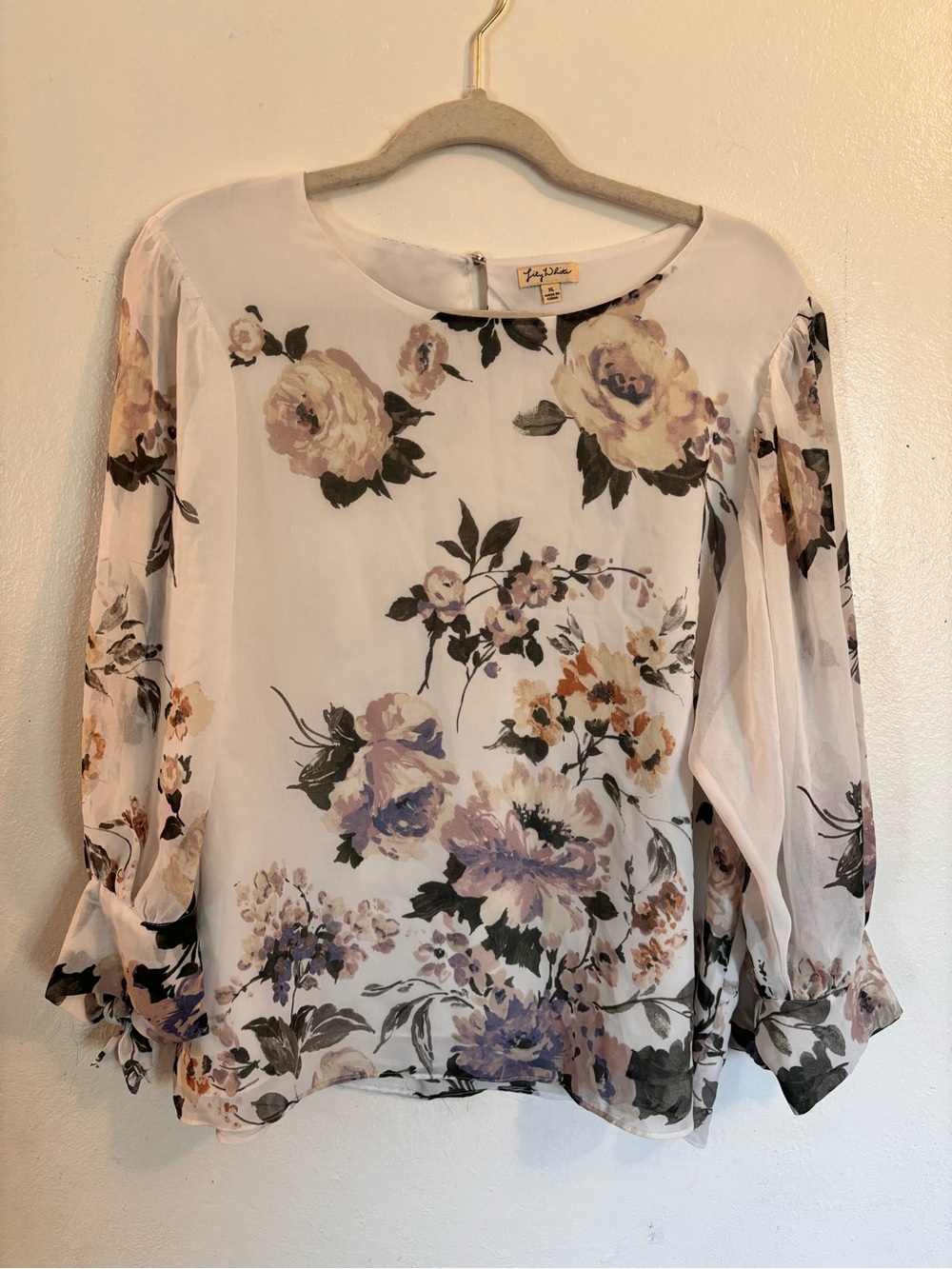 Lily White Cream Floral Long-Sleeve Blouse
